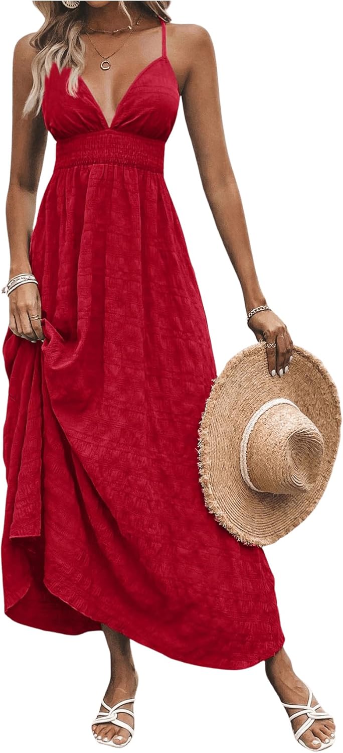 Women'S Summer Smocked Cami Maxi Dress Boho V Neck Spaghetti Strap a Line Flowy Beach Long Sundress