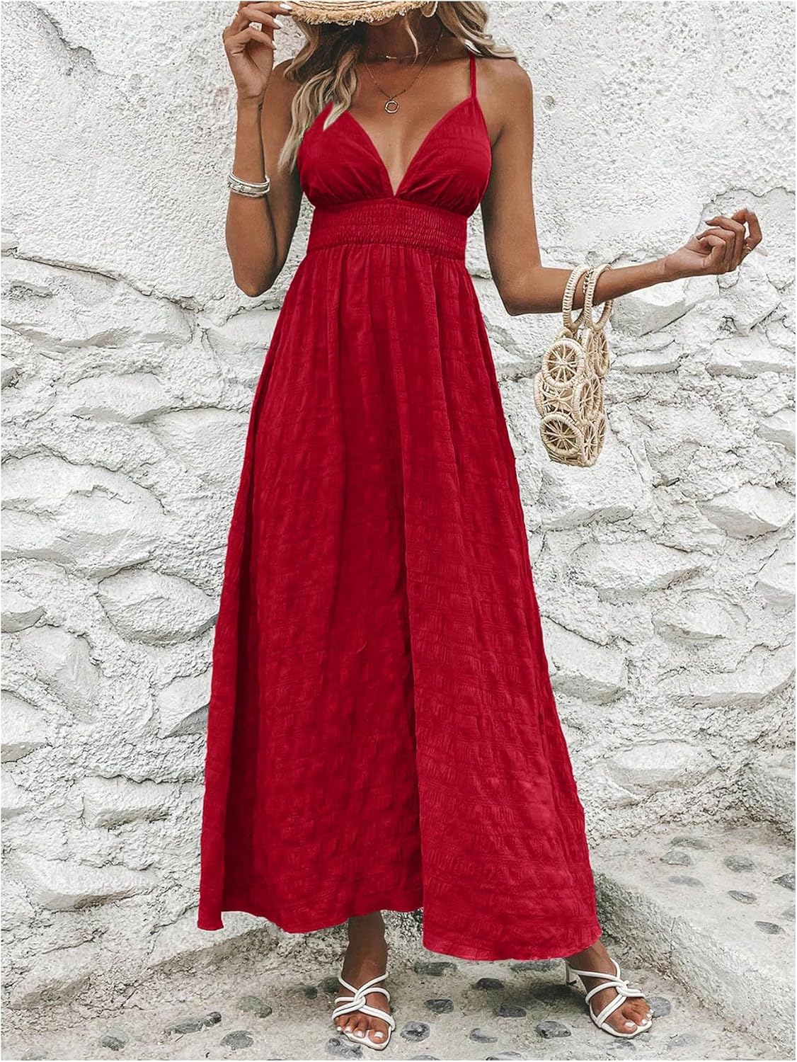 Women'S Summer Smocked Cami Maxi Dress Boho V Neck Spaghetti Strap a Line Flowy Beach Long Sundress