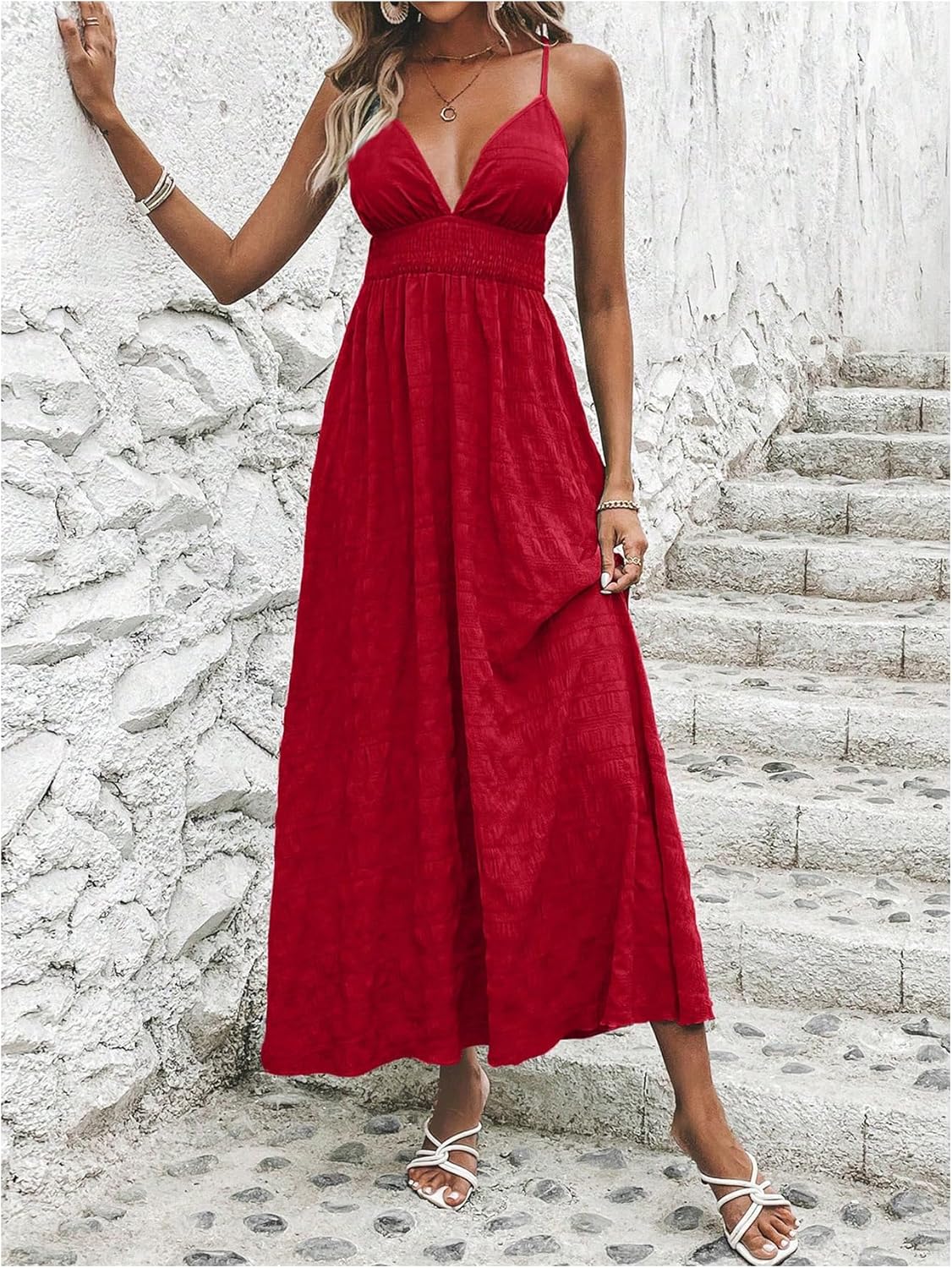 Women'S Summer Smocked Cami Maxi Dress Boho V Neck Spaghetti Strap a Line Flowy Beach Long Sundress