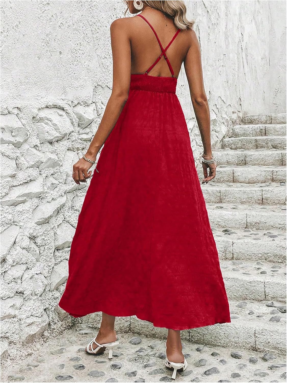 Women'S Summer Smocked Cami Maxi Dress Boho V Neck Spaghetti Strap a Line Flowy Beach Long Sundress